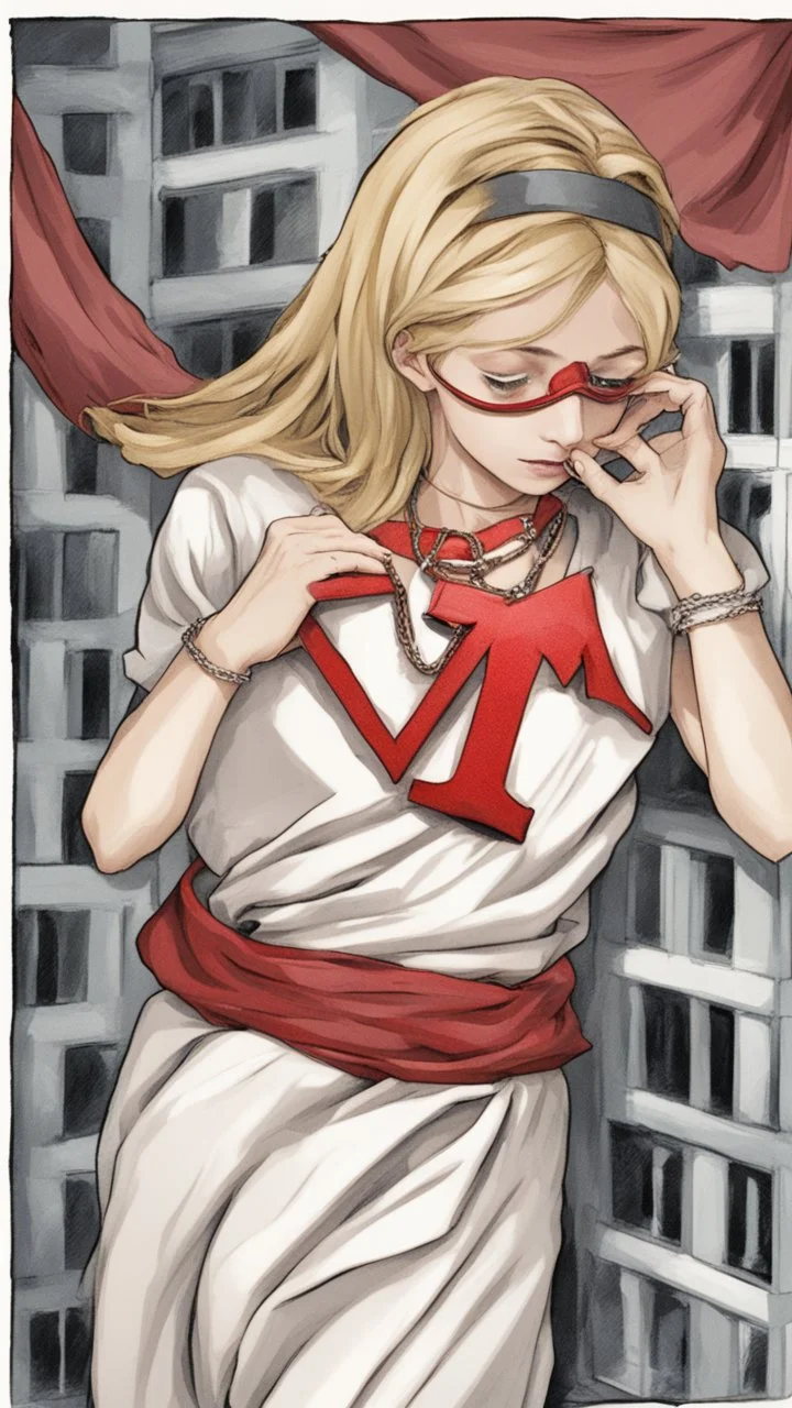 A blonde girl is blindfolded with a red cloth, with a necklace bearing the letter M around her neck.