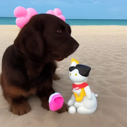 Hello kitty at the beach with goodbye puppy