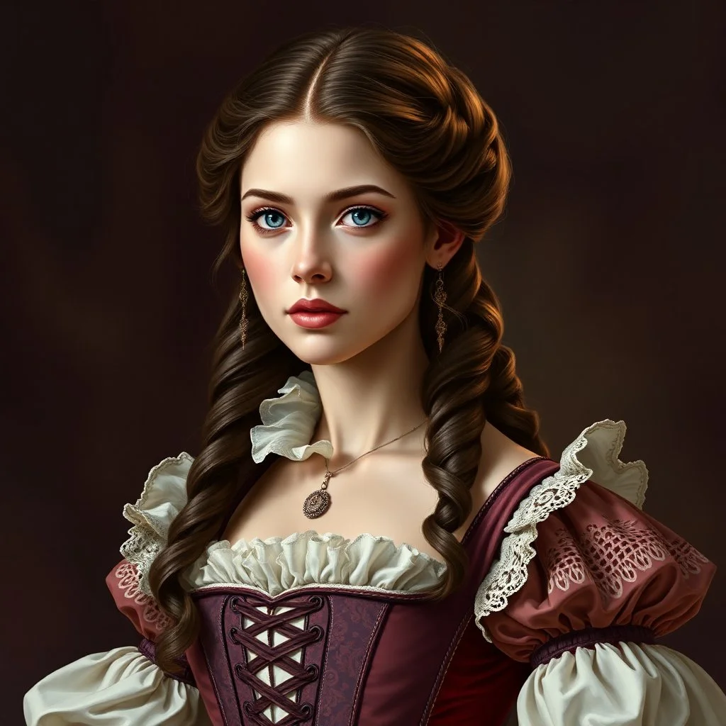 a beautiful noble woman, 18th century, young, pretty, dress, corsetry, digital art