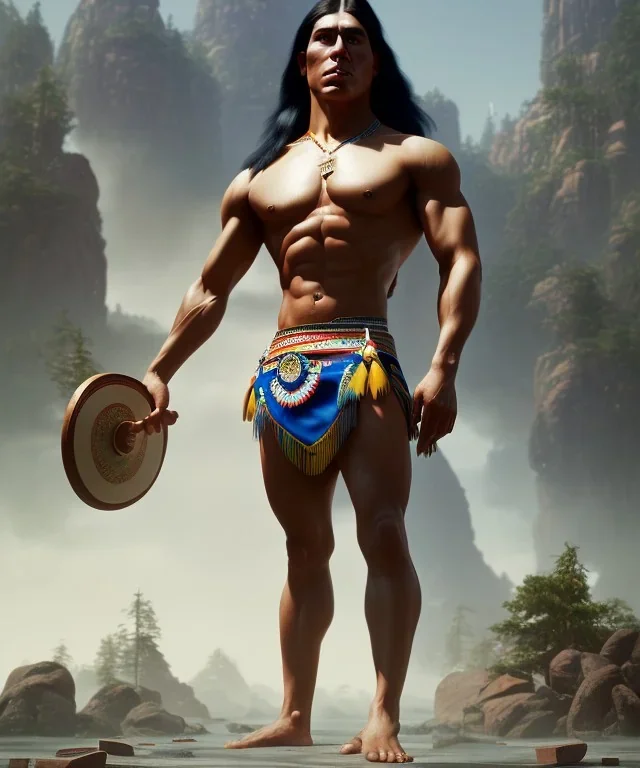 native american warrior, long black hair, standing on top of shattered glass, big muscles, loincloth, shirtless, 8k resolution concept art portrait by Greg Rutkowski