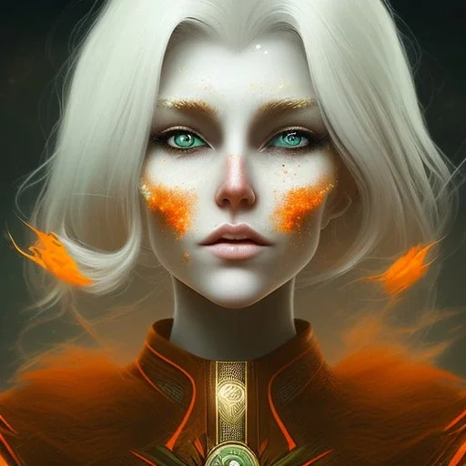 fantasy setting, woman, orange and white hair, wavy hair, freckles, ranger, more orange hair, more white hair, green eyes, more white hair, more white hair, a bit more orange hair