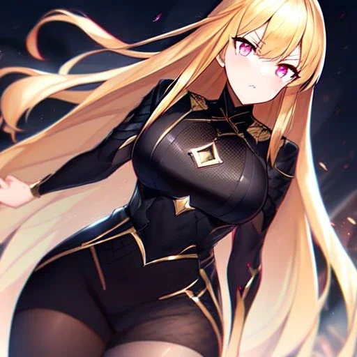 girl, masterpiece, best quality, volumetric lighting, detailed outfit, perfect eyes, golden hair, pink eyes, long hair, black stockings, angry,