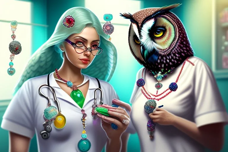 Owl nurse in nurse costume made of tyffany glass and gemstones spreading pills, she is wearing necklaces made of medicines in a hospital room in sunshine