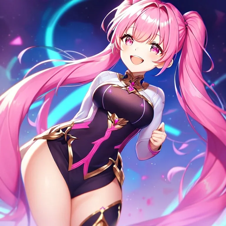 girl, masterpiece, best quality, volumetric lighting, detailed outfit, perfect eyes, pink hair, pink eyes, twin ponytail, laughing,