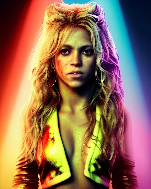 portrait, Shakira, blonde artist, angry, Realistic image, MMA robe, hoodie, mouthguard, nose, band aid, loose long hair, eyes make up, line gold make up, glow, circle iris. Rain, fog, Neon colors, leds. Dark background, photo studio, concept art, smooth, unreal engine 5, god lights, ray tracing, RTX, lumen lighting, ultra detail, volumetric lighting, 3d, finely drawn, high definition, 4k.