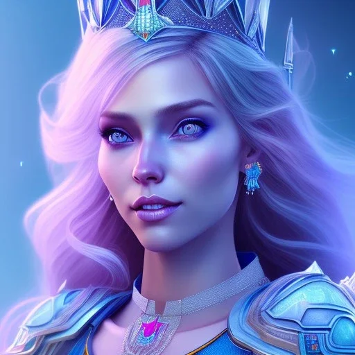 A portrait of a full body crystalised blue pink queen,smiling face, blue eyes, long blond hair, atmospheric, realistic, unreal engine, lighting