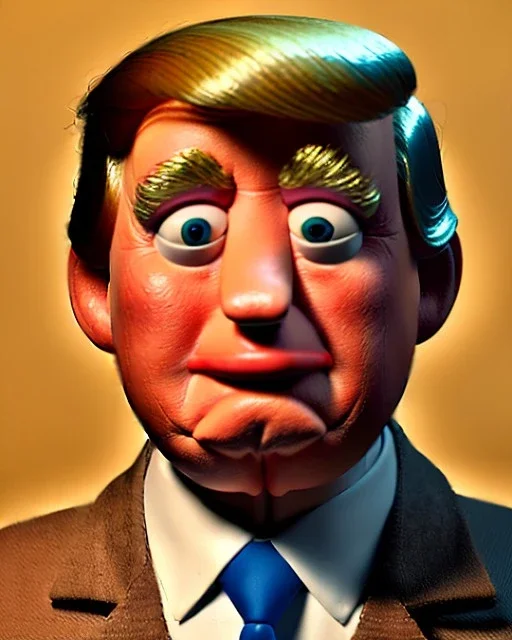 Waist up Portrait, Donald trump muppet, Sesame Street style, retro style, unreal engine 5, god lights, ray tracing, RTX, lumen lighting, ultra detail, volumetric lighting, 3d.