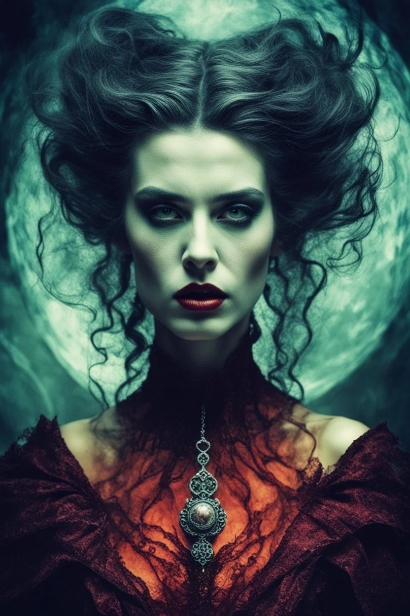 Conceptual surreal and otherworldly portrait photograph of a Vampire Sorceress lost in Time with highly detailed hair and facial features in the photographic style of Jerry Uelsmann, sharply focused, cross processed color image, 8k, cinematic quality