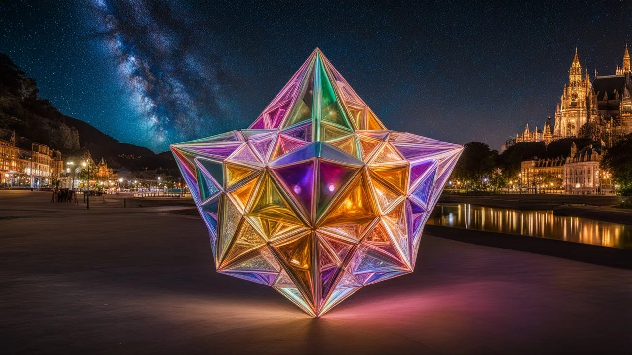 1423, delightful, sensitive, confident, iridescent stellated icosahedron, star-shaped, nocturnal, architecture, award-winning photograph, beautiful composition, filled with delicious food, delicate colour, chiascuro