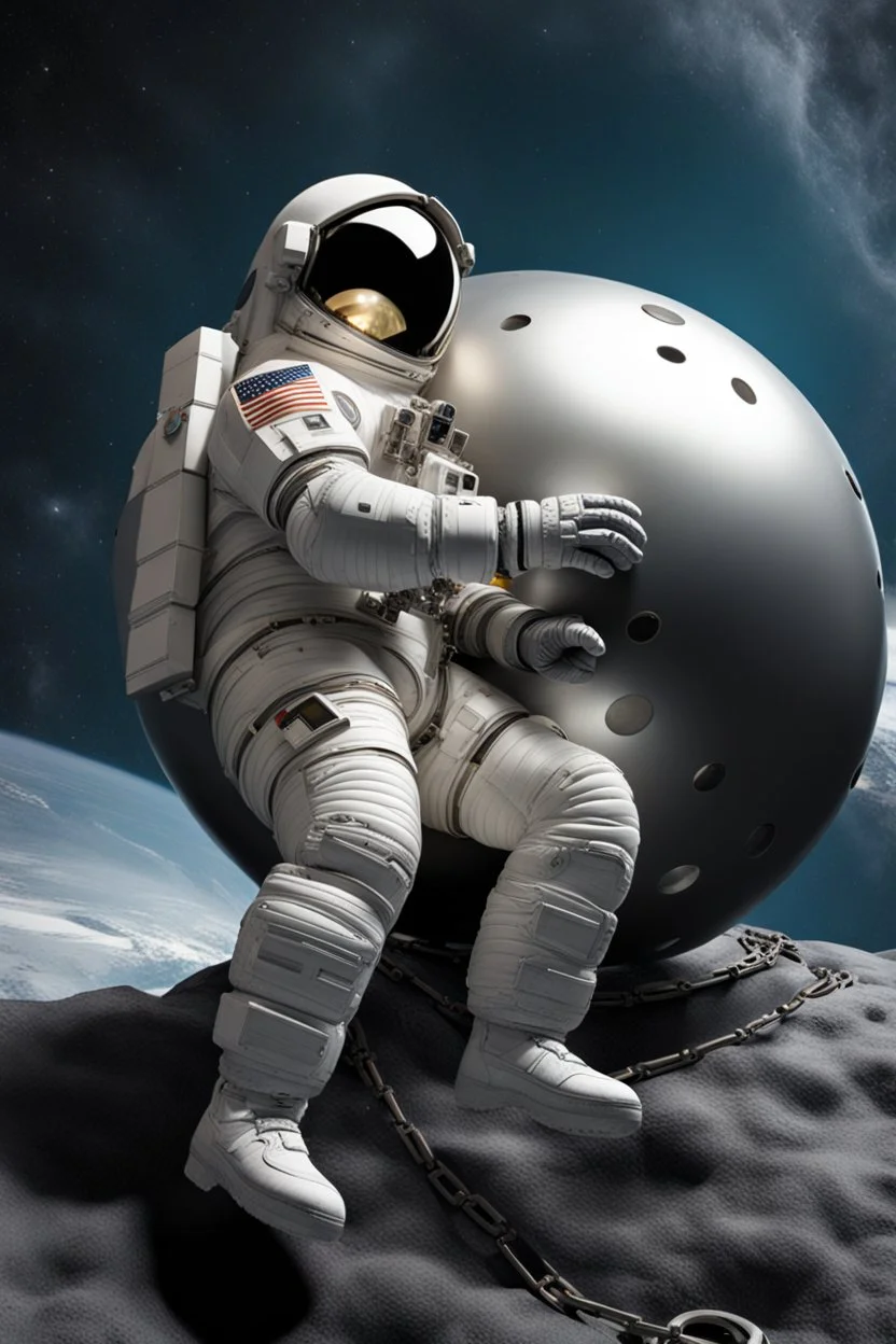 close side view of An astronaut sitting on a large steel ball.floating in the air, wide legs, holding on to the chain