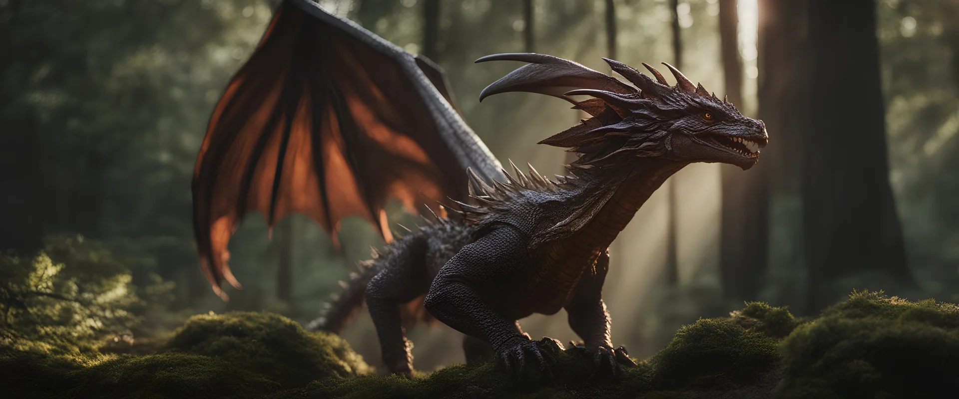 photoreal close-up of a magnificent firebreathing dragon at the edge of a forest by golden hour in the forgotten realms by lee jeffries, otherworldly , in the style of fantasy movies, photorealistic, shot on Hasselblad h6d-400c, zeiss prime lens, bokeh like f/0.8, tilt-shift lens 8k, high detail, smooth render, unreal engine 5, cinema 4d, HDR, dust effect, vivid colors