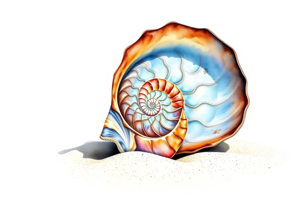 beautiful watercolor and ink painting disintegrating into while blank negative space, brilliant iridescent conch shell with a fractal spiral complex pattern with precise consistent geometry laying on the sand of a beach, sun, intricate fractal Fibonacci sequence patterns