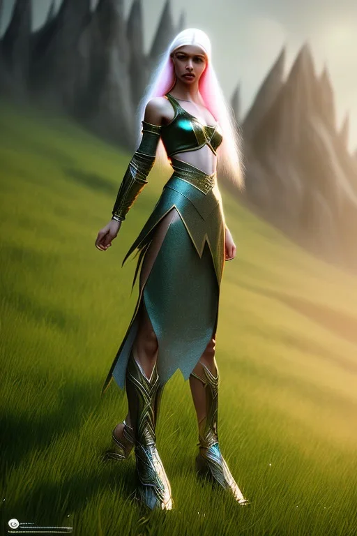 elven young woman, wearing light dress, visible cute femine face, luminous weather, field in the mountains, realistic 3d render, mortal kombat style, unreal engine