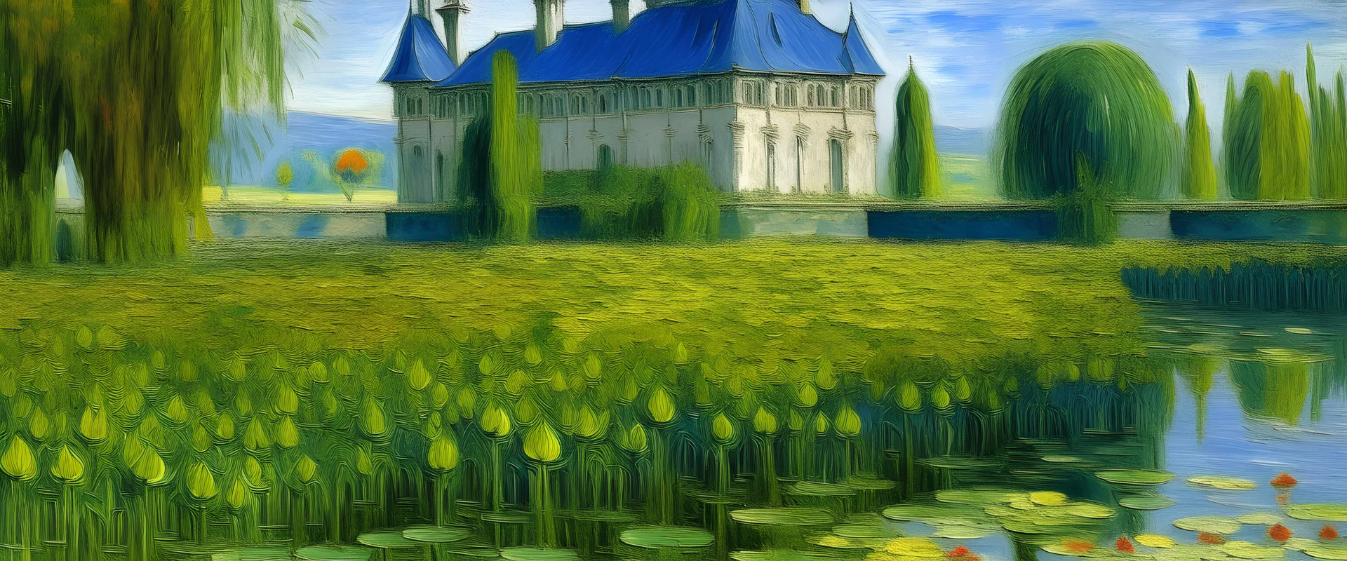 A castle near a lilypond painted by Claude Monet