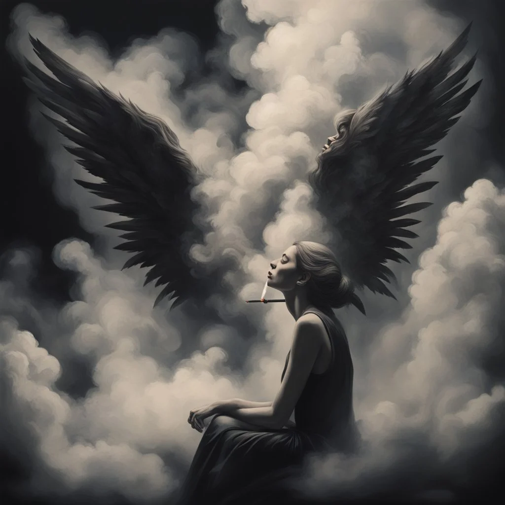 women sitting forward Her face turned upwards and blows cigarette smoke from their mouth. It depicts a figure with wings emerging from its back. behind the clouds of smoke seen death. dark and mysterious