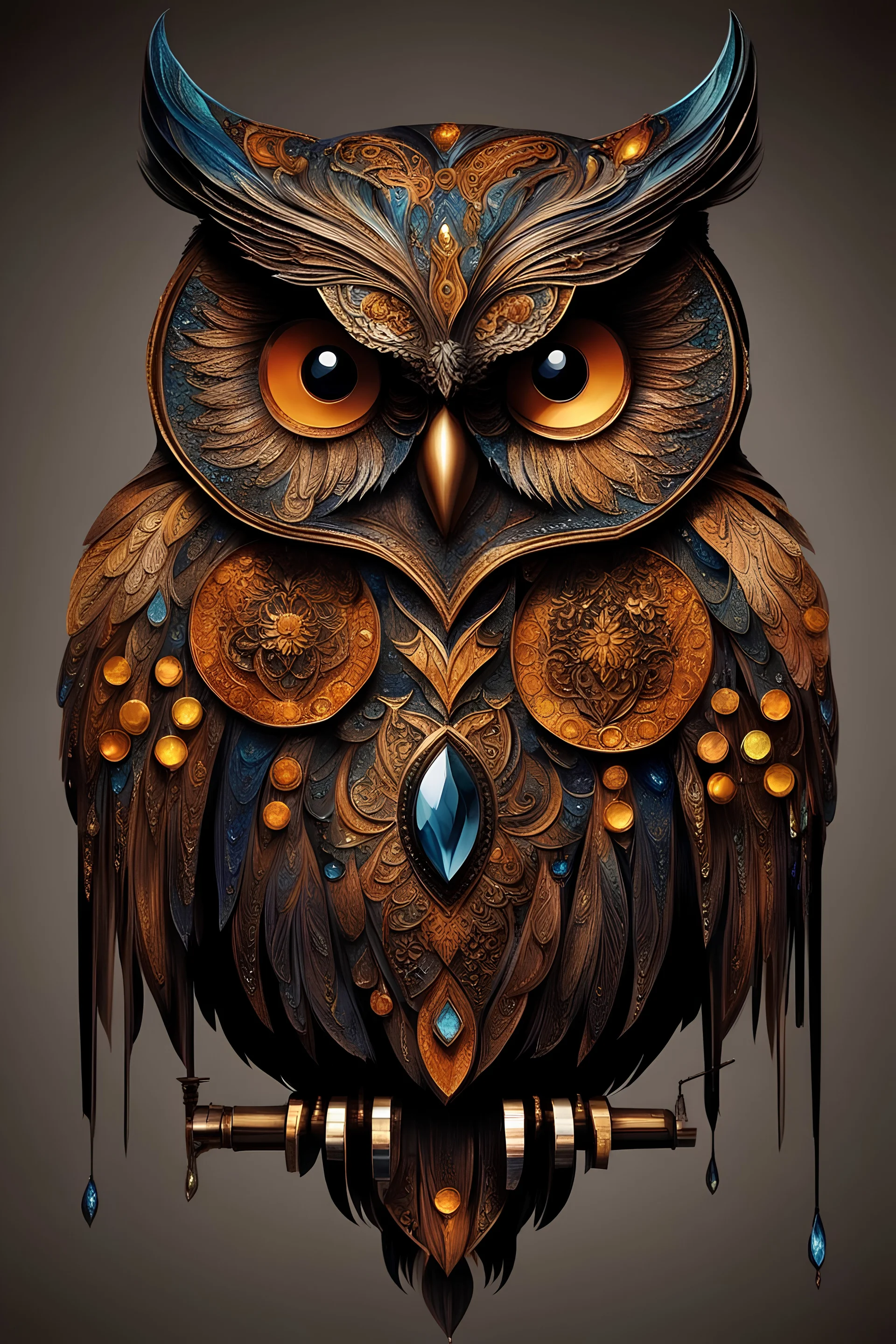 Splash painting of a decorative owl, gothic, dark complementary colors, jeweled, cut metal, intricate detail, many small details, lights and shadows, HD effects, reflections, shimmer, shine