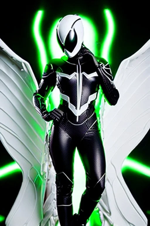 Cyborg symbiote, white color, green color, tendrils, high tech, cyberpunk, biopunk, membrane wings, carbon fiber