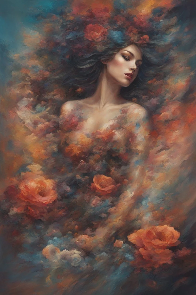 Generate a captivating digital artwork where a vivid explosion of images on a canvas bursts forth, weaving together elements of a woman, demons, tattoos, flowers, and stormy hues. Capture the essence of dynamic creativity in this abstract masterpiece."