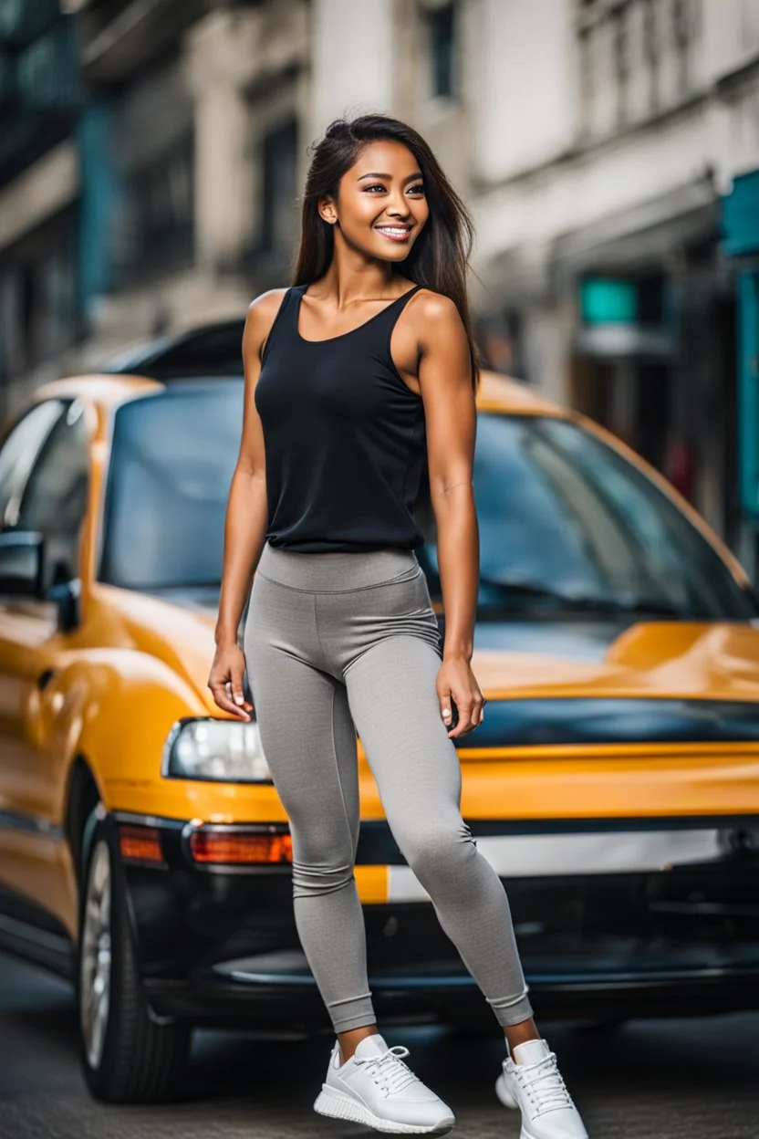 full body shot Young woman, 20 years old, wearing nice tight pant and top sporting an jumping in street,looking to camera