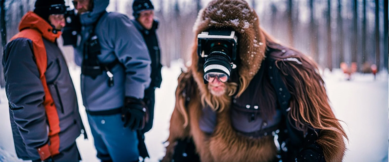 close up documentary photography, Yeti, Bigfoot, Yeti Scientist, Dystopian, Japanese, Extreme depth of field, bokeh blur, winter, blizzard, Alberta, all-natural, in the style of candid, imperfection, natural lighting, Professional shot, shot on Agfa, Fuji Film, Anamorphic lens, 1980s, --ar 4:5 --w 150 --style raw