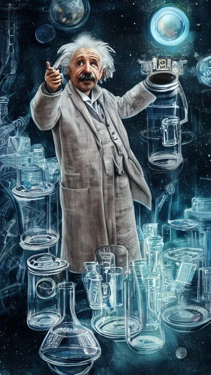 Albert Einstein, detailed and intricate calligraphy ink painting of a "cyborg Mad Scientist" holding beakers, outer space Background cosmic fractals, dystopian, concept art, unreal engine 5, god rays, ray tracing, RTX, lumen lighting, ultra detail, volumetric lighting, 3d, finely drawn, high definition, high resolution. award-winning: professional portrait: atmospheric: commanding: fantastical: clarity: 16k: ultra quality: striking: brilliance: stunning colors: amazing depth: masterfully crafted