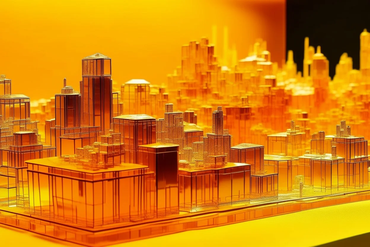 A yellowish orange constructed city with crystals painted by Andy Warhol