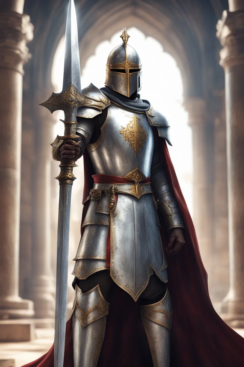 photorealistic holy knight paladin wearing a cape wielding a greatsword temple in the background