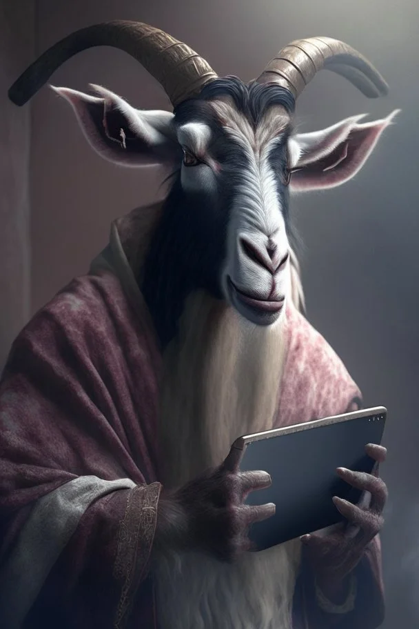 Thug goat holding ipad, dramatic lighting, matte painting, highly detailed, cgsociety, hyperrealistic, --no dof, --ar 2:1