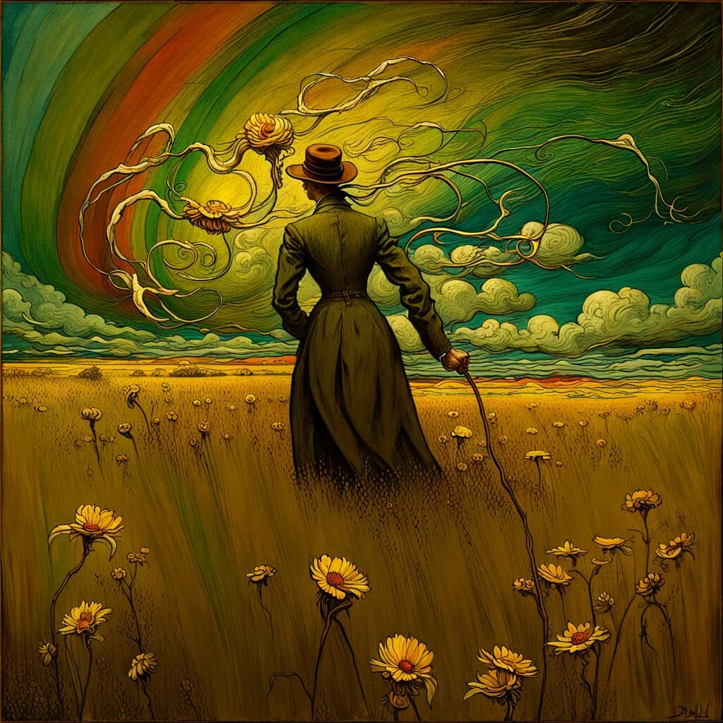 collaboration between Salvador Dali, Vincent Van Gogh, and Jean Baptiste Monge. Swirling rainbow storm clouds over a vast field of long grass and plentiful flowers swaying in the winds.