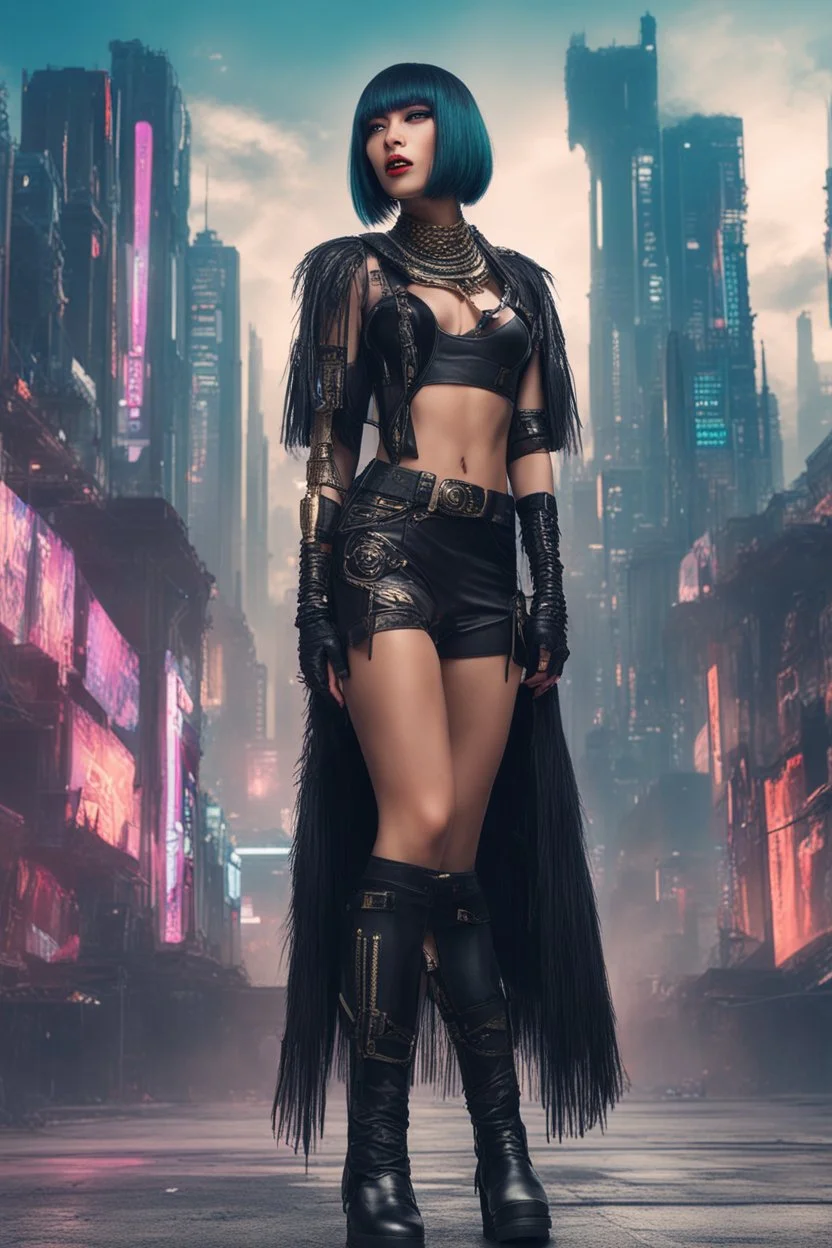 full-body-art of a woman with a bob with a fringe hairstyle, Cleopatra clothing, black knee-high boots, cyberpunk city background