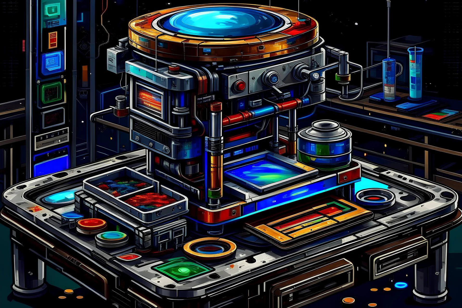 oil paint space station pancake machine heritage authentic cyberpunk relic vibrant colours