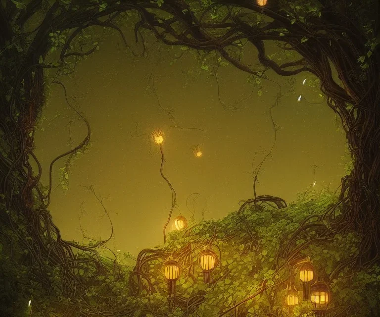 a beautiful digital illustration painting of a detailed gothic fantasy fireflies and roots, throne and vines by giorgio de chirico, and david rios ferreira, 8k resolution trending on artstation concept art digital illustration