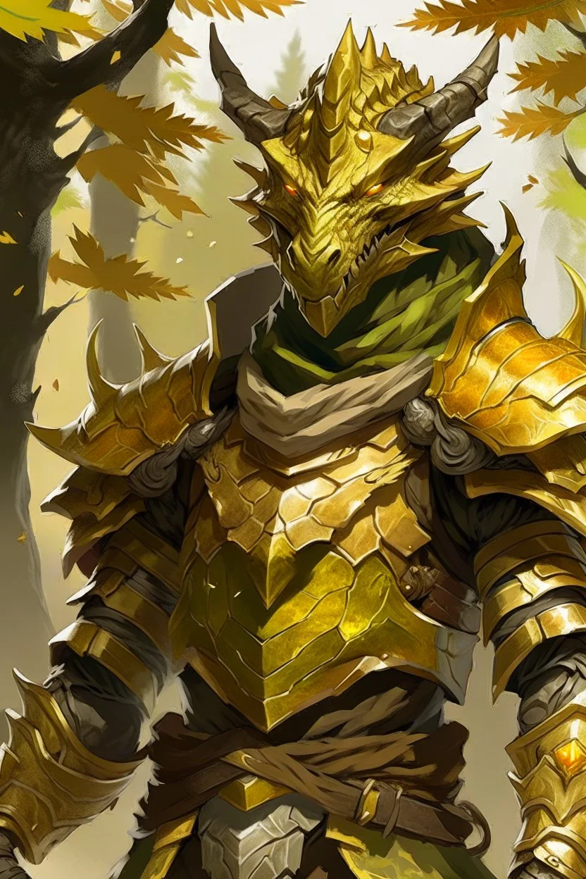 Dragonborn DnD, golden, friendly face, tree knight