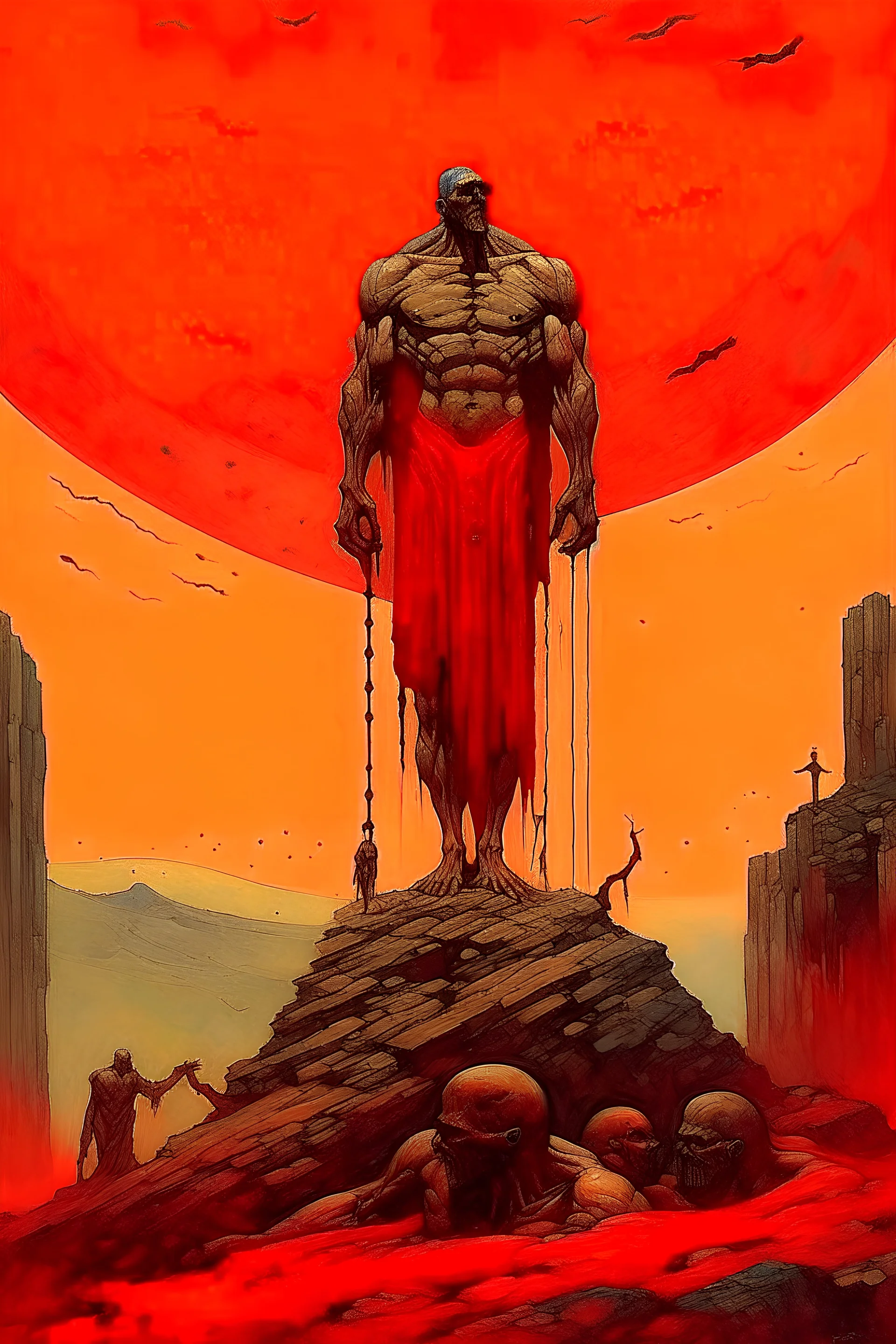 dramatic medium brush stroke matte oil painting, cursed Prometheus the Titan god chained to the top of a mountain where vultures circle, Dramatic, complex contrast, dynamic composition, expansive, Greek Mythology, focused, red hues, by Zdzislaw Beksinski and Jim Dine