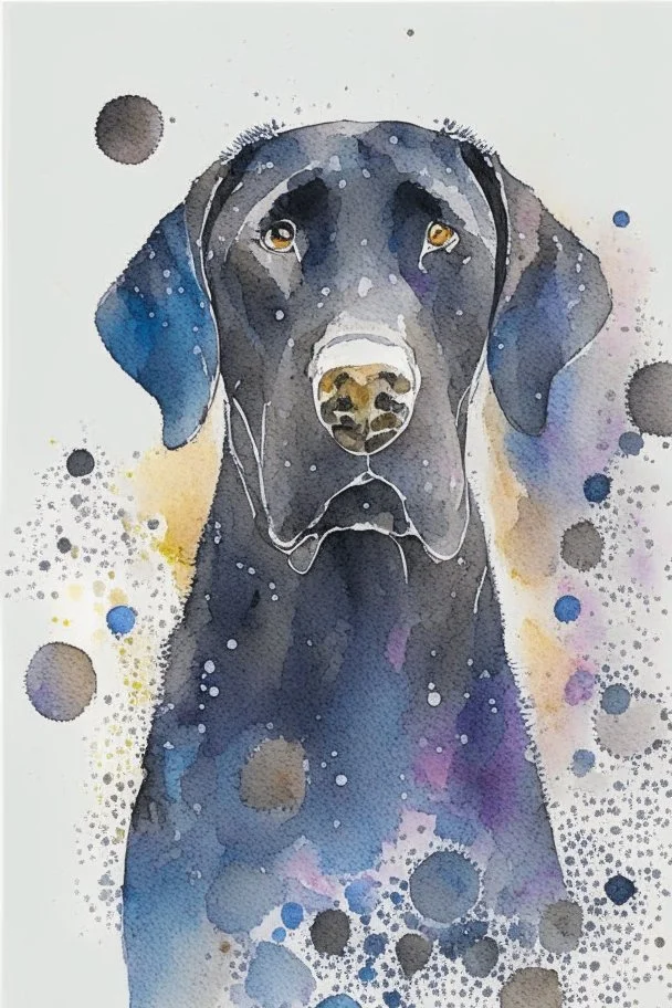 abstract watercolour of a black Labrador dog’s head in the style of Valerie Davide with bifurcated circles