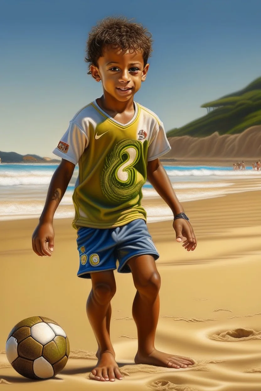 Neymar, young boy, detailed, hyperrealistic, showing his dribbling skills on the beaches of Santos, Brazil. Curly brown hair, slim build, wearing a Santos FC jersey and flip flops.