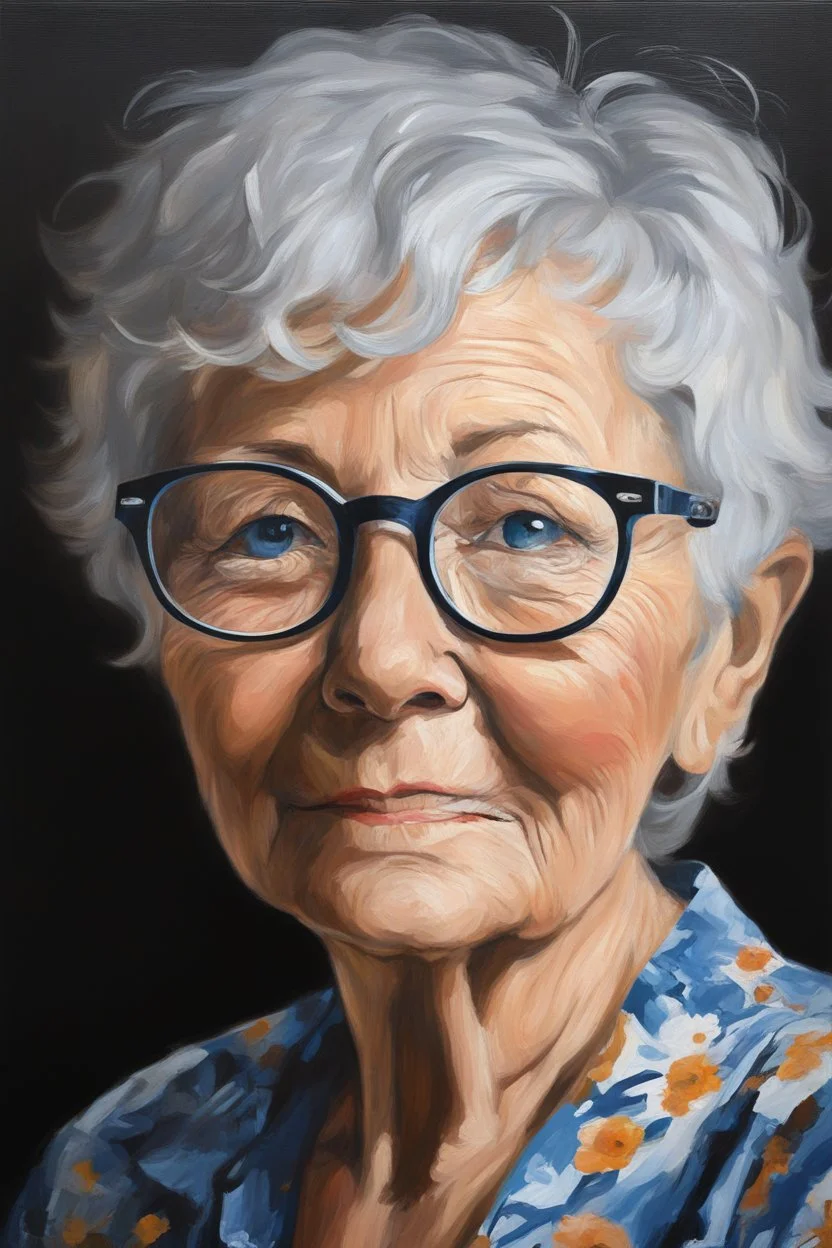 Oil paint on canvas, chiaroscuro, deep shadows, masterpiece, happy, 2020 caught off guard, 79-year-old Phyllis Kendall, short pixie-cut, shag-cut straight, dark salt and pepper hair, overweight, blue eyes, great big, round lensed eyeglasses, wearing a black, floral print, short-sleeved, pull-over shirt, dark blue sweatpants, sitting at the computer checking her emails