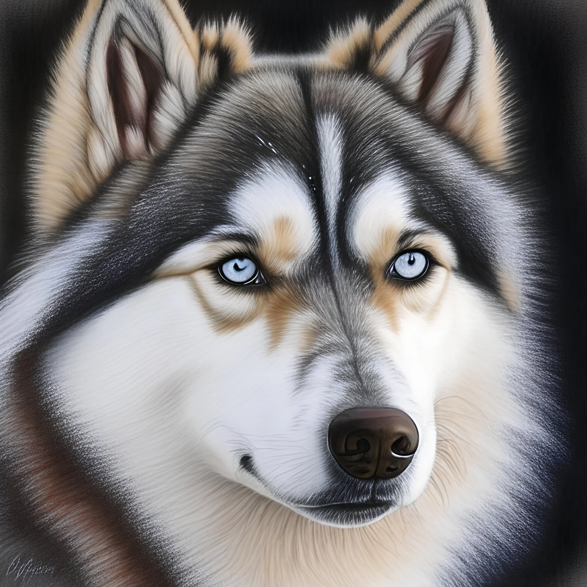 Colored pencil drawing. Portrait, realistic, dog, fur texture, husky