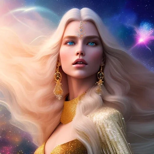  full body white woman glitter smiling long blond hair blue eyes in a galactic ambiance, delicate colors in the foreground, full of details, smooth, light effect，vaporwave colorful, smooth, extremely sharp detail, finely tuned detail, ultra high definition, 8 k, ultra sharp focus