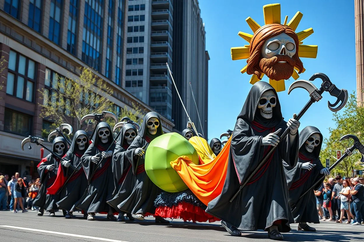 cartoonish jesus parade balloon pulled by multiple grim reapers, multi colored, bright, vivid, psychedelic, high detailed, high gloss, insanely detailed, matte, horrorcore, lining the street, unsettling contrast, monument to death, live action shot grim reaper parade, pulling a jesus parade float