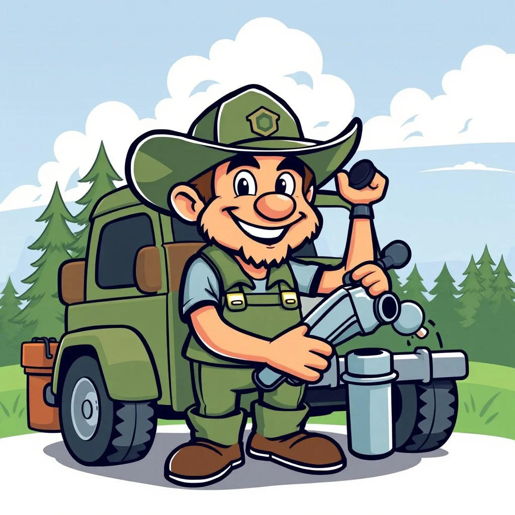 retro cartoon company mascot of a vehicle mechanic with a hint of forest ranger, doing an oil change