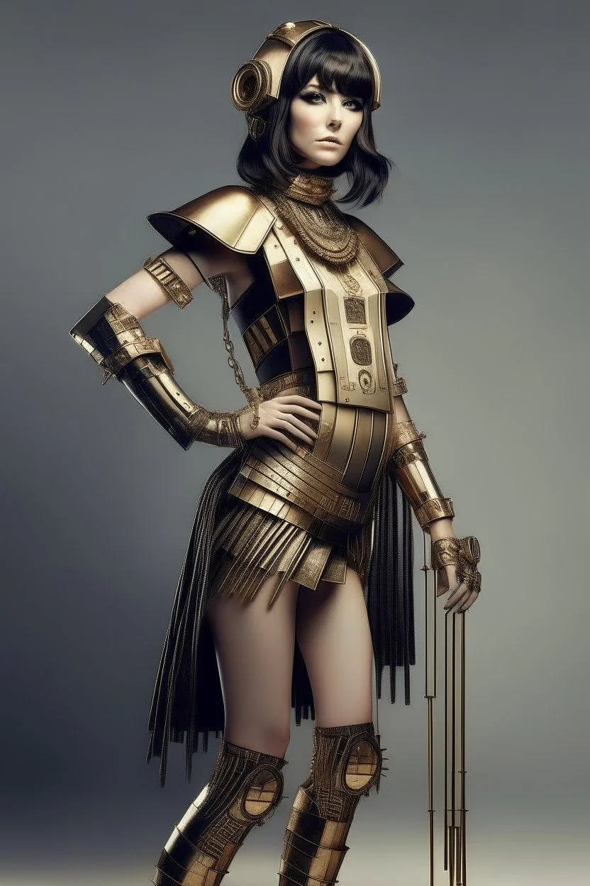 full body picture of a woman with a bob, a fringe hairstyle, Cleopatra clothing futuristic steampunk