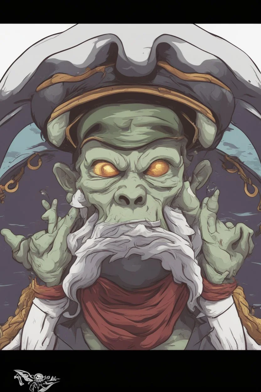 close up portrait of a zombi as a pirate, 2d drawing, background on a boat