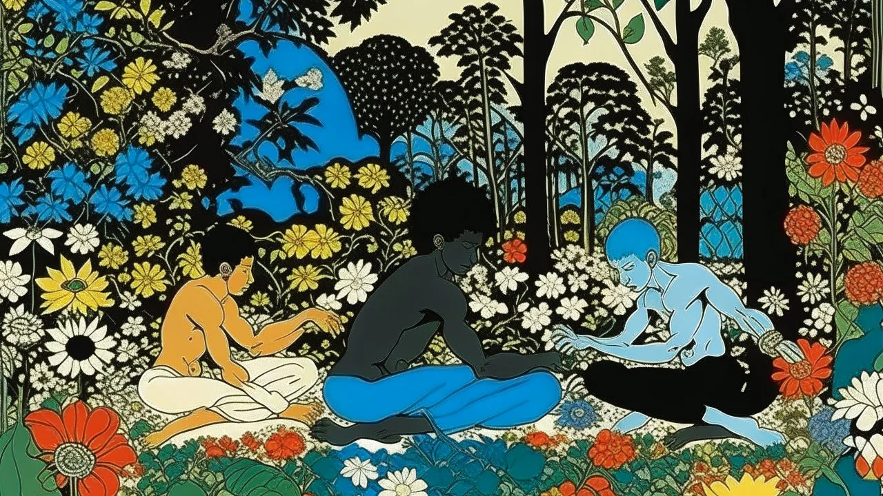 An illustration by Kuniyoshi and Basquiat of of individuals practicing yoga surrounded by blooming flowers and lush vegetation.