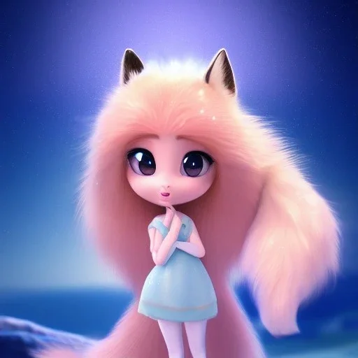 Cute beautiful princess fox kawai girl in the moonlight; beautiful sparkling eyes with beautiful eyelashes, magical world, extremely detailed long curly fur, high quality picture, beautiful full volumetric lighting, cinematic shimmering illumination, brilliant coloring, smooth, sharp focus, crispy quality, vray; Pixar, Disney, Artstation; HD, HDR, SF, CGSociety, 16k, photorealistic, unreal engine