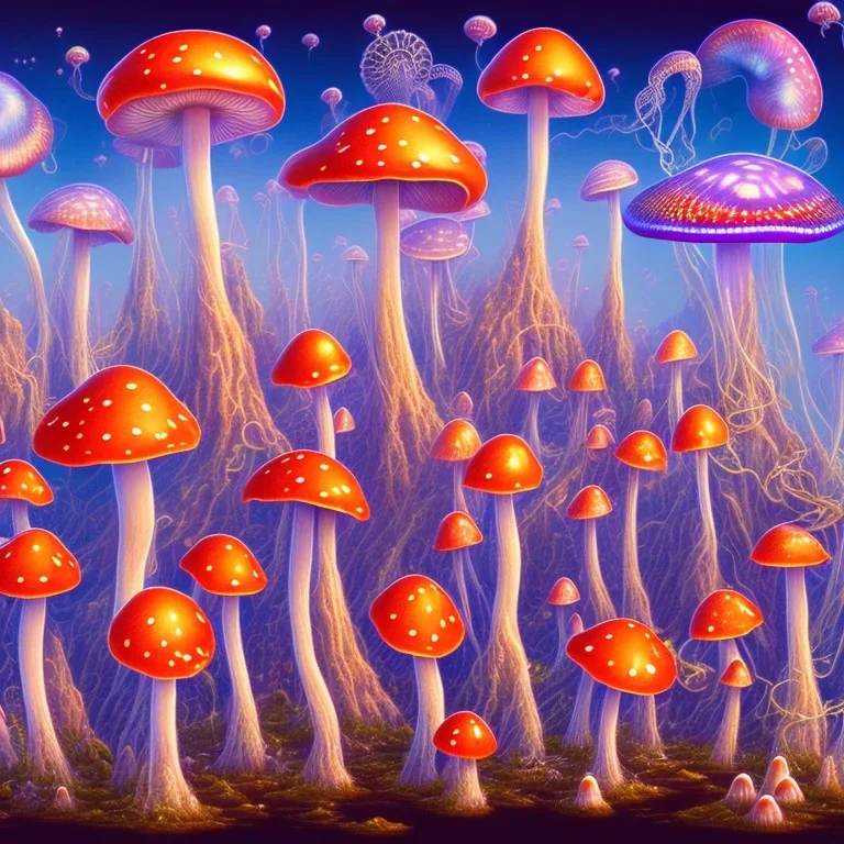 psychedelic mushrooms and flying jelly fish and antic city in the background