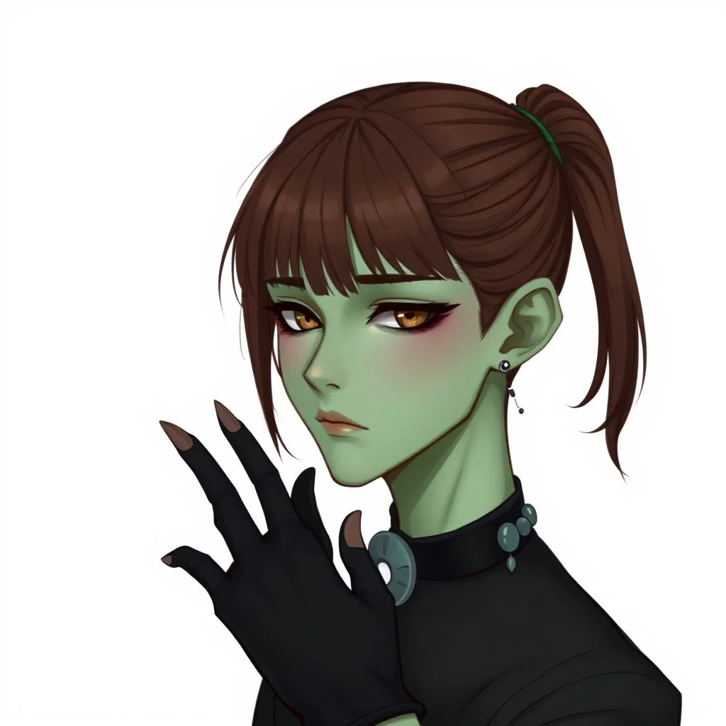 Full-length portrait of Uret. Uret's skin is pistachio green and his eyes are dark-circled and hazel-colored. He has brown hair pulled back with bangs. It has a slight bump and he wears gothic makeup. He wears formal gloves. He wears opaque stone chokers. One of his fingers is missing.