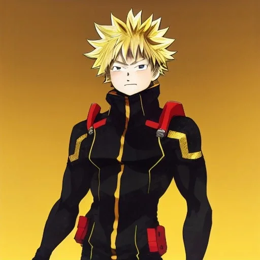 Detailed anime portrait of bakugo from my hero academia, gold hair and golden eyes, black suit, intricate details, full body portrait, keep head in frame, slight smile, black Japanese motif, concept art, highly detailed, digital painting, concept art, sharp focus, illustration, art by Yoji Shinkawa, WLOP and greg rutkowski and alphonse mucha and artgerm and yanjun Chen and Junji ito and Makoto Shinkai, HDR, octane render