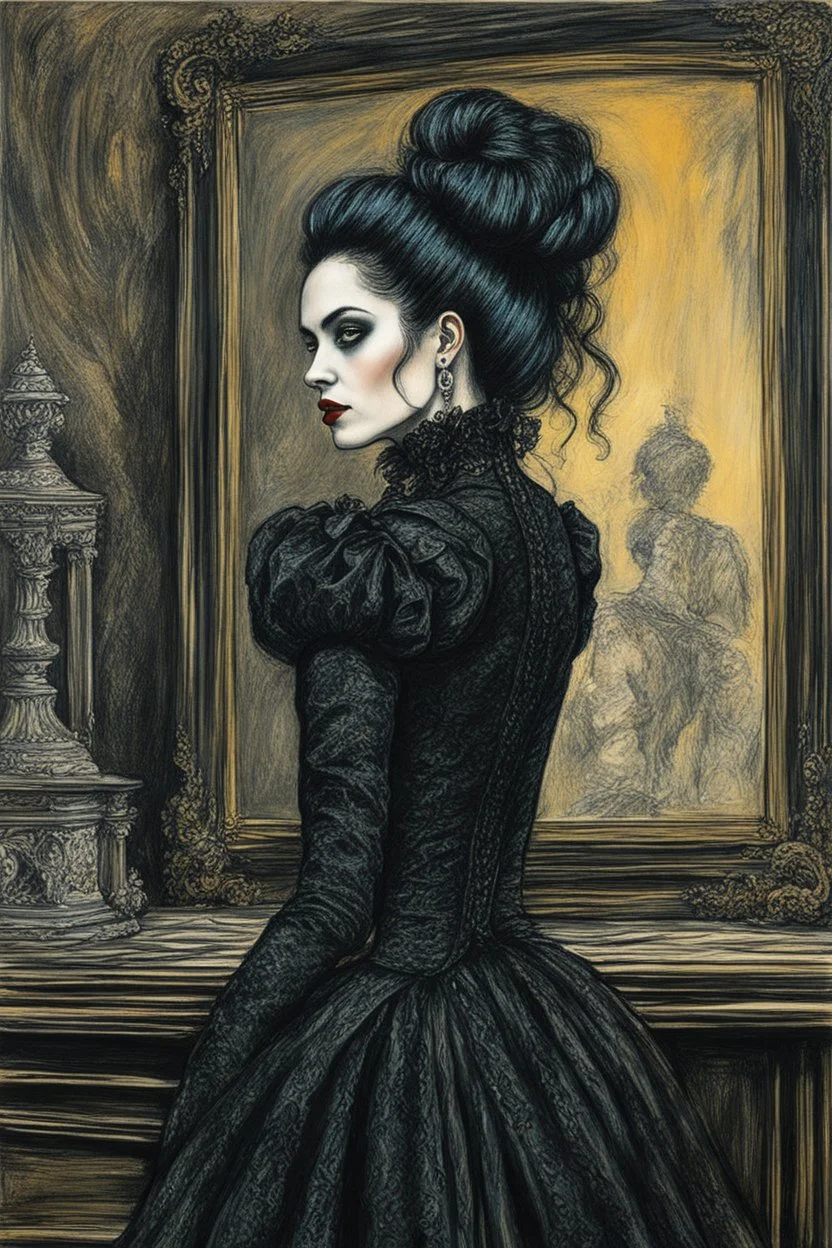 create a 3/4 profile, full body oil pastel of a dark haired, savage, ornately dressed, gothpunk vampire girl with highly detailed , sharply defined hair and facial features , in a smokey 19th century drawing room in the style of CHILDE HASSAM, and JOHN SINGER SARGENT