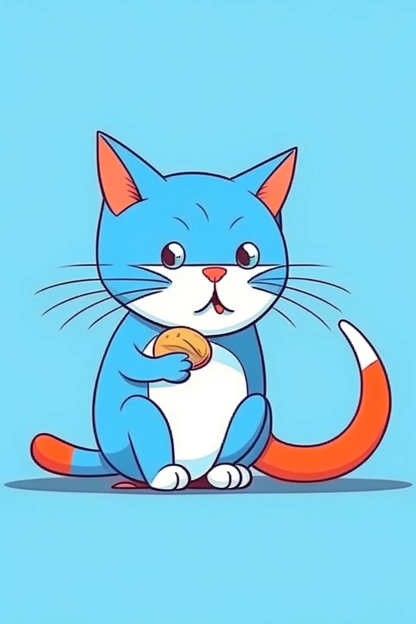 cartoon cat eating a fish. simple thin crisp lines. kids. no shading